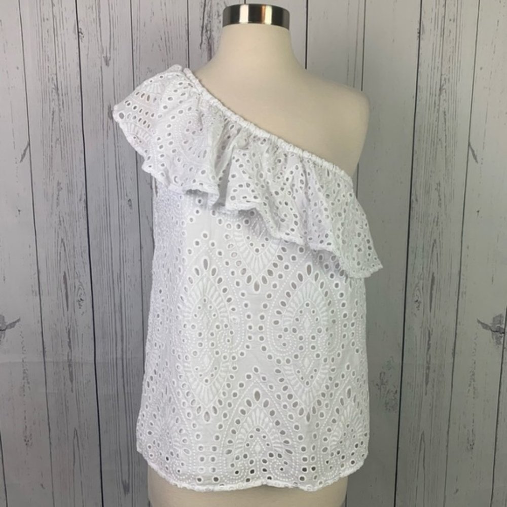 1 State | white eyelet one shoulder ruffle top